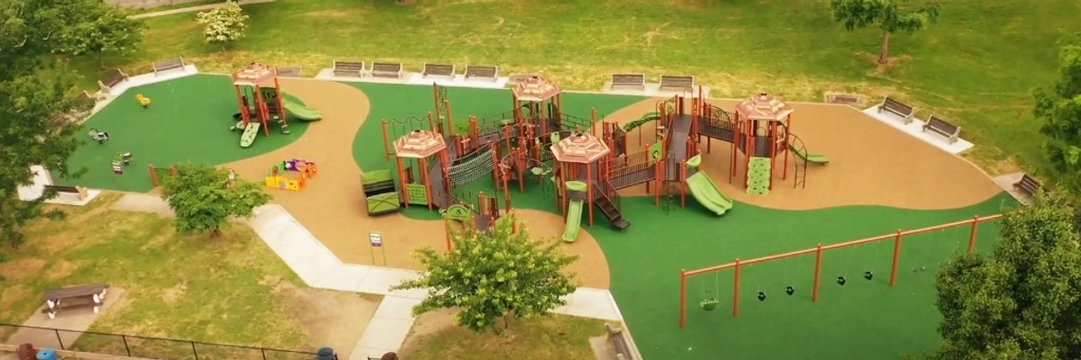 Aerial view of the Donaldson Park playground in Highland Park